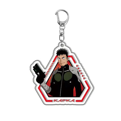 A silver-toned acrylic kafka hibino keychain featuring an anime character holding a pistol with red and white borders