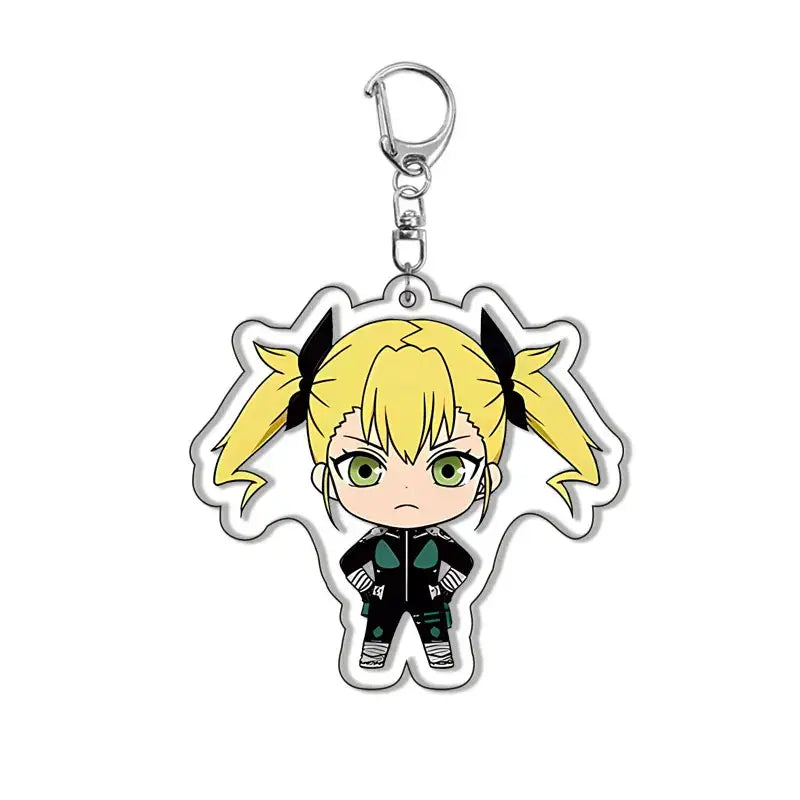 Translucent acrylic kafka hibino keychain featuring a chibi character with blonde pigtails and teal-accented black outfit