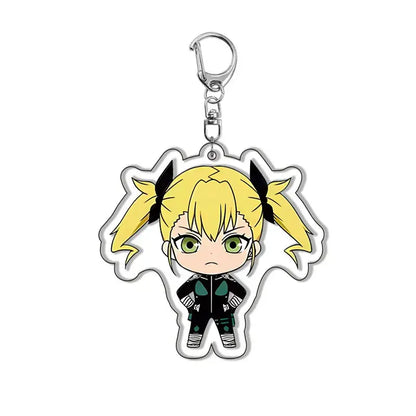 Translucent acrylic kafka hibino keychain featuring a chibi character with blonde pigtails and teal-accented black outfit