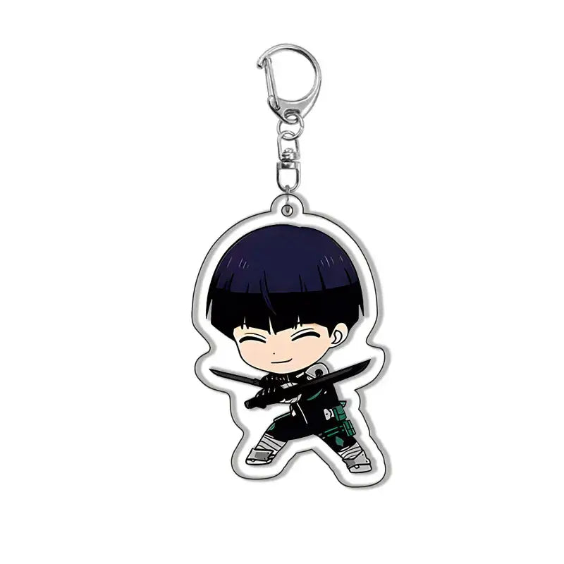 Chibi-style acrylic kafka hibino keychain featuring a smiling dark blue haired character with swords and silver clip
