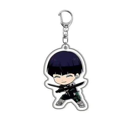 Chibi-style acrylic kafka hibino keychain featuring a smiling dark blue haired character with swords and silver clip