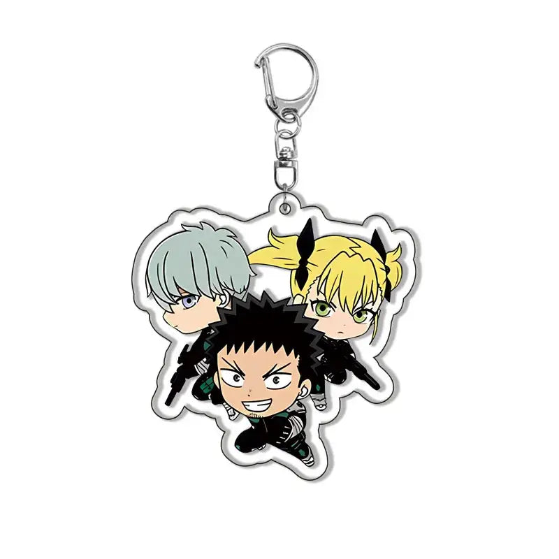 Clear acrylic kafka hibino keychain featuring three chibi anime characters with distinct hair colors and outfits