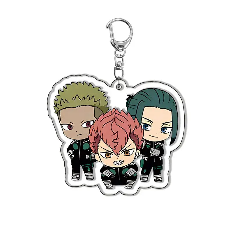 Clear acrylic kafka hibino keychain featuring three chibi anime characters with green red and teal hair in black uniforms