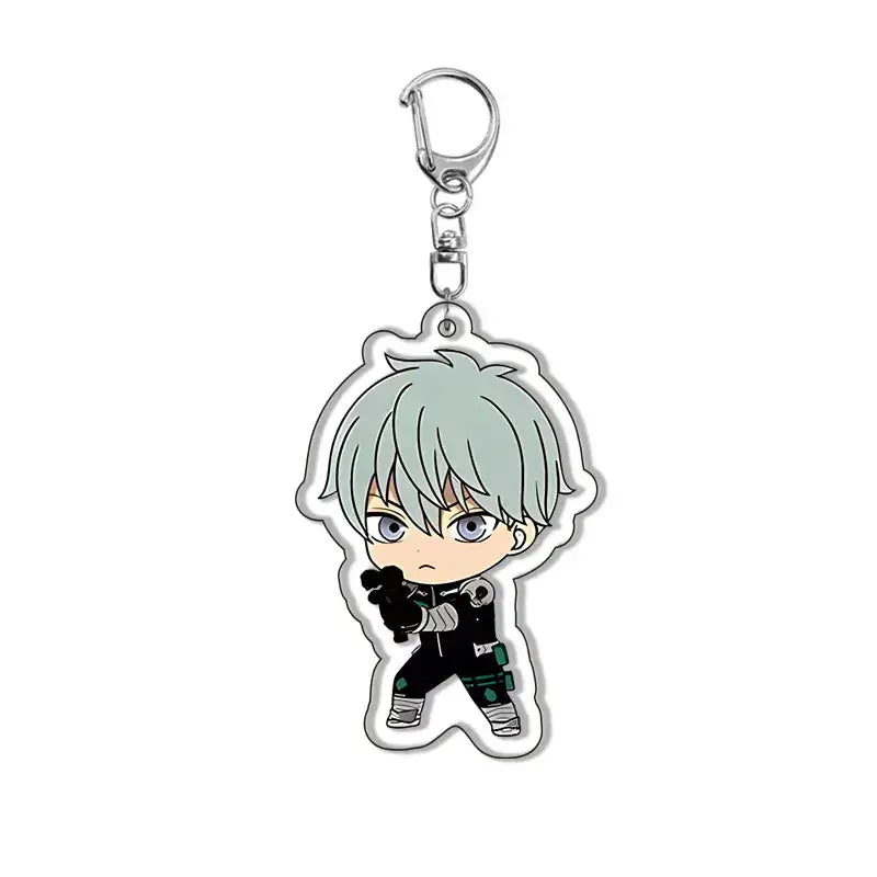 Silver-haired chibi anime character keychain with black and green outfit made of alloy kafka hibino keychain charm
