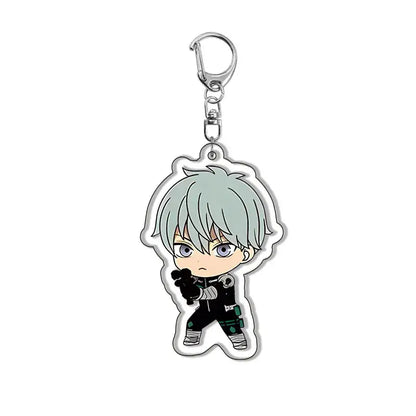 Silver-haired chibi anime character keychain with black and green outfit made of alloy kafka hibino keychain charm