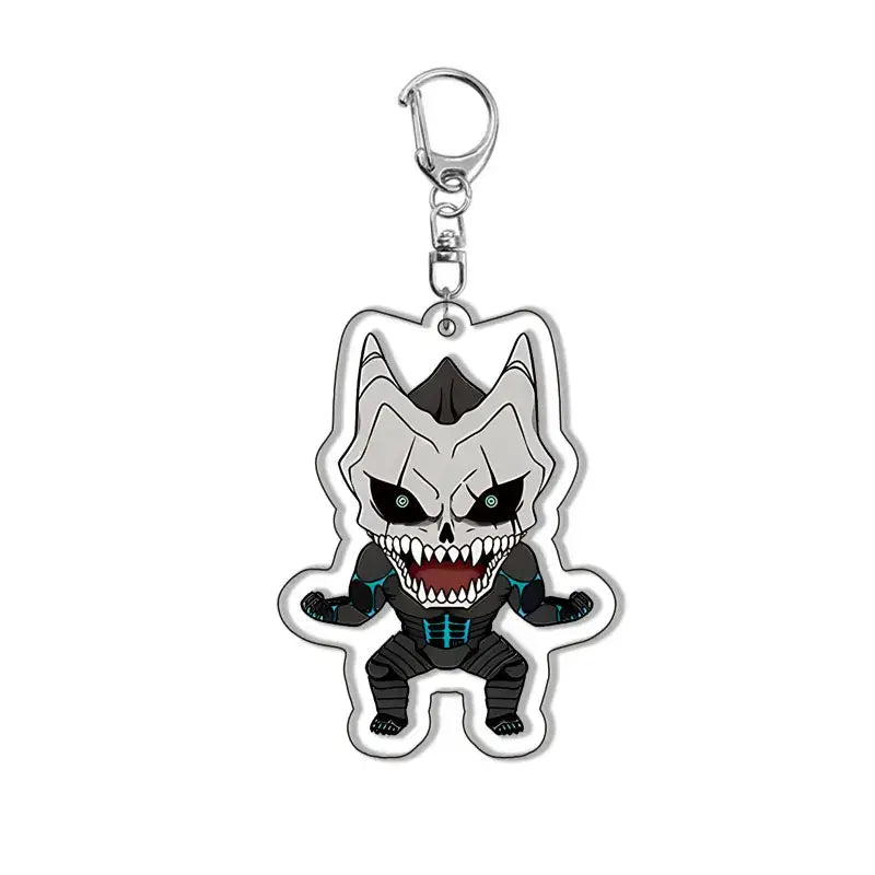 A chibi-style kafka hibino keychain featuring black and gray alloy armor with blue glowing lines and a silver clasp