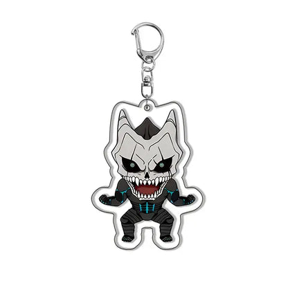 A chibi-style kafka hibino keychain featuring black and gray alloy armor with blue glowing lines and a silver clasp