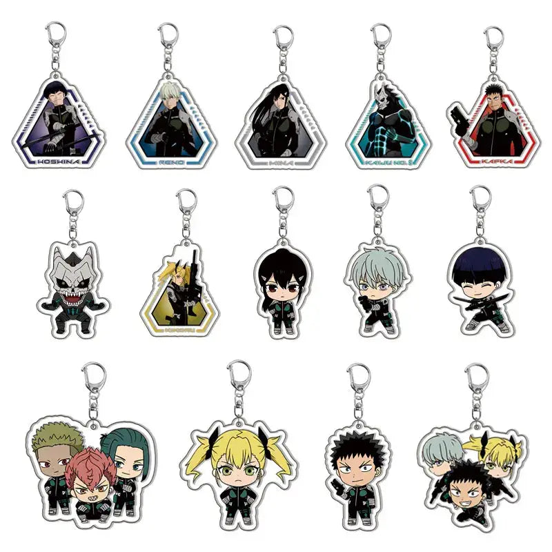 Set of ten kafka hibino keychains featuring chibi anime figures in black tactical gear with silver alloy frames and colorful accents