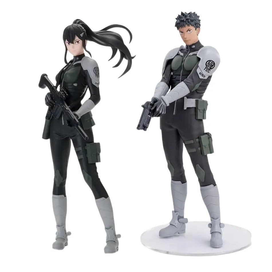 Two detailed anime action figures in tactical gear featuring kafka hibino noodle stopper from kaiju no 8, 21cm tall