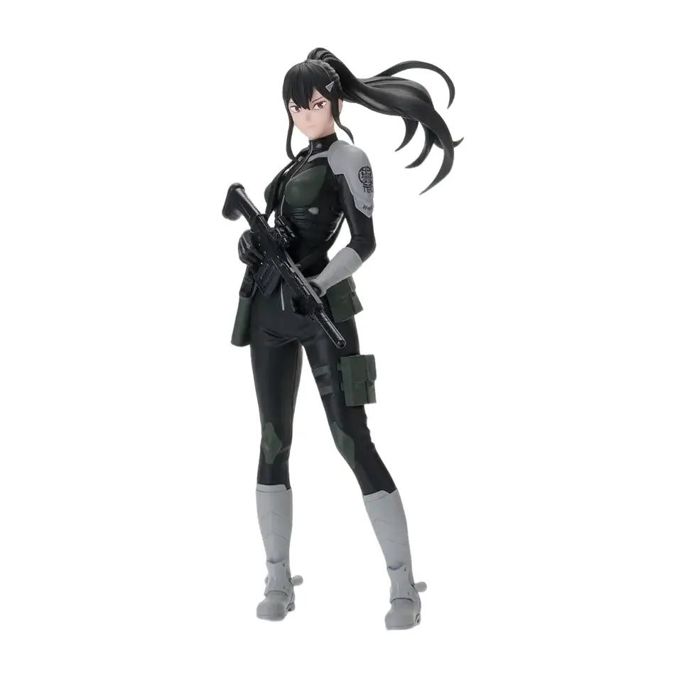 Black and gray anime-style kafka hibino noodle stopper figure in tactical gear holding a rifle 21cm kaiju no 8