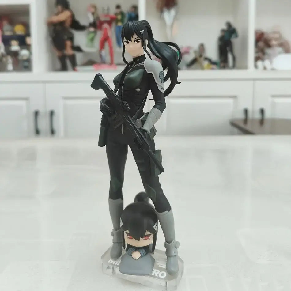 Black and gray anime figure of kafka hibino in tactical gear holding rifle standing on chibi hibino noodle stopper base