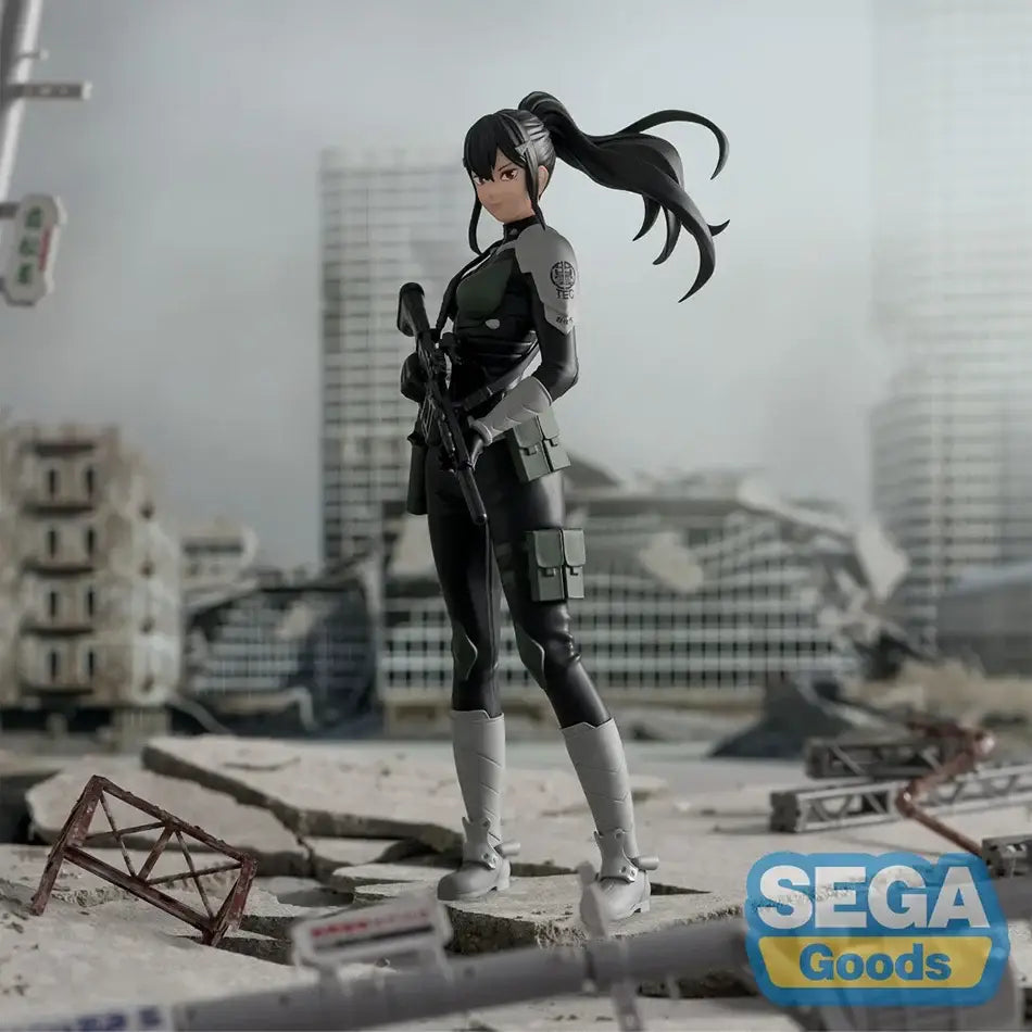 Black and gray tactical kaiju no 8 kafka hibino noodle stopper figure with ponytail and detailed combat gear