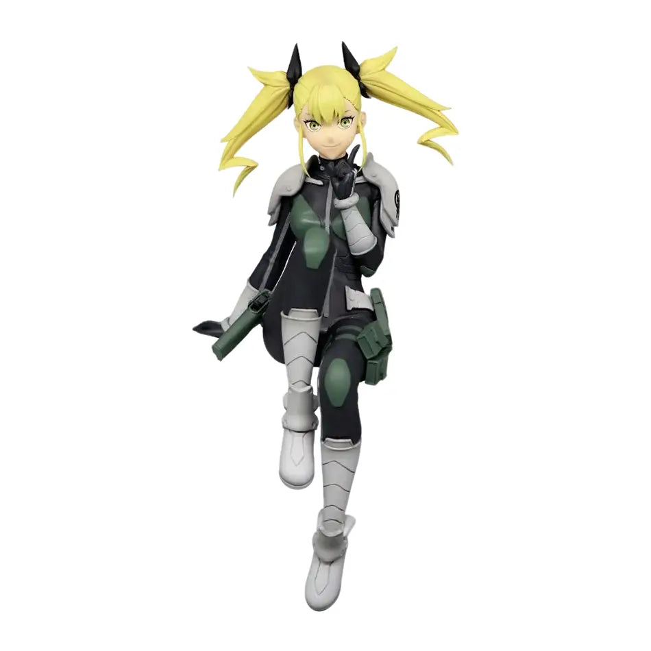 Yellow-haired anime figure in black and green tactical outfit with white boots kaiju no 8 kafka hibino noodle stopper
