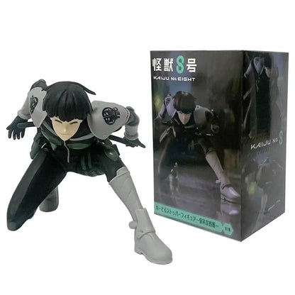 Black and gray plastic figurine of kafka hibino noodle crouching in tactical gear with white accents noodle stopper