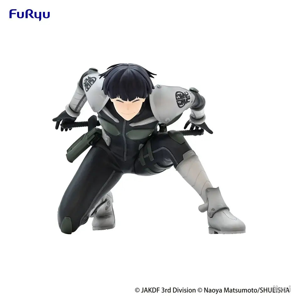 Gray and black kakua hibino noodle stopper action figure with tactical gear and circular shoulder insignias 21cm