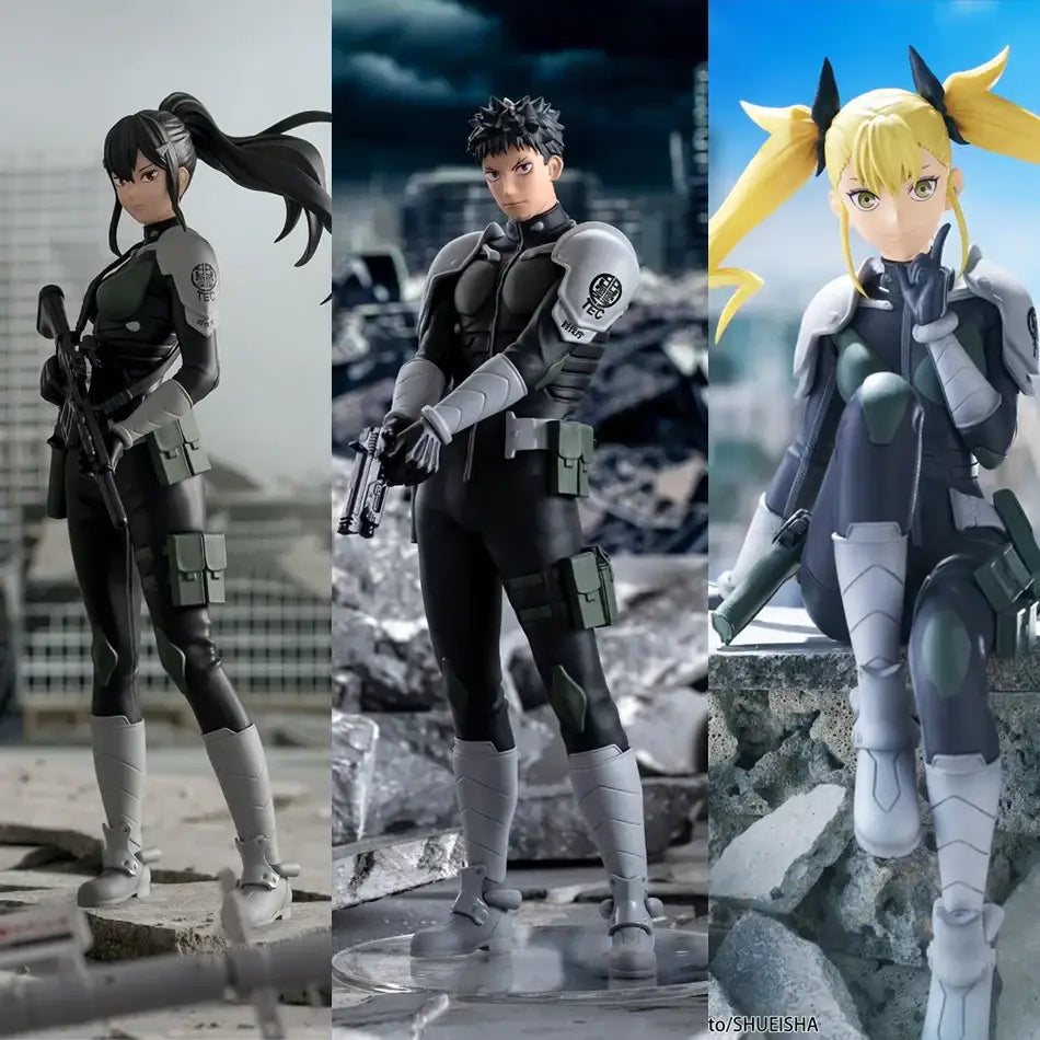 Three tactical combat action figures in black gray armor with green accents from kaiju no 8 kafka hibino noodle stopper