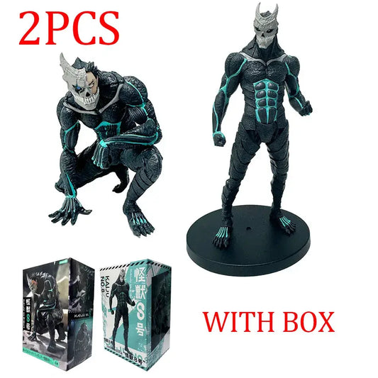 Black and teal armored pvc figure of kafka hibino monster form with skull-like face standing on a circular base