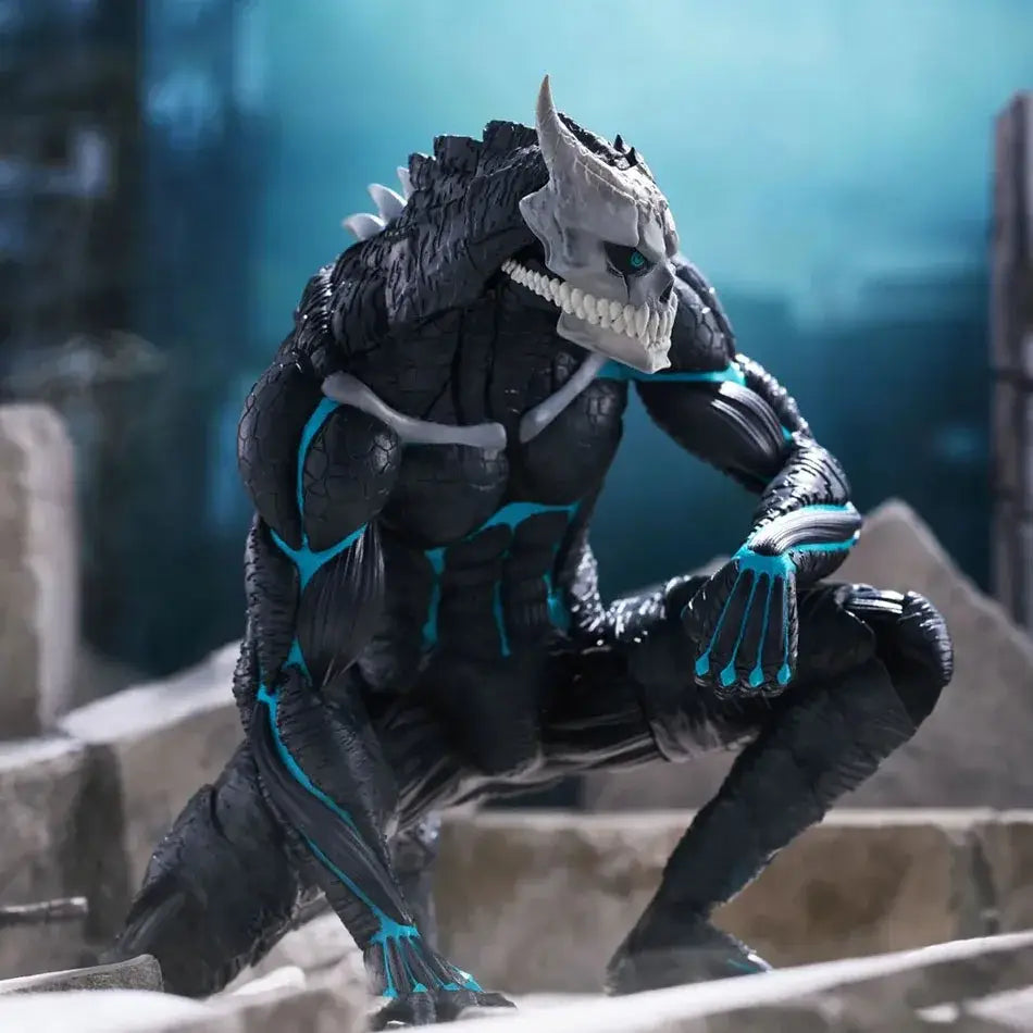Kaiju no 8 kafka hibino monster form pvc figure with black and teal armor and skull-like head 21cm tall