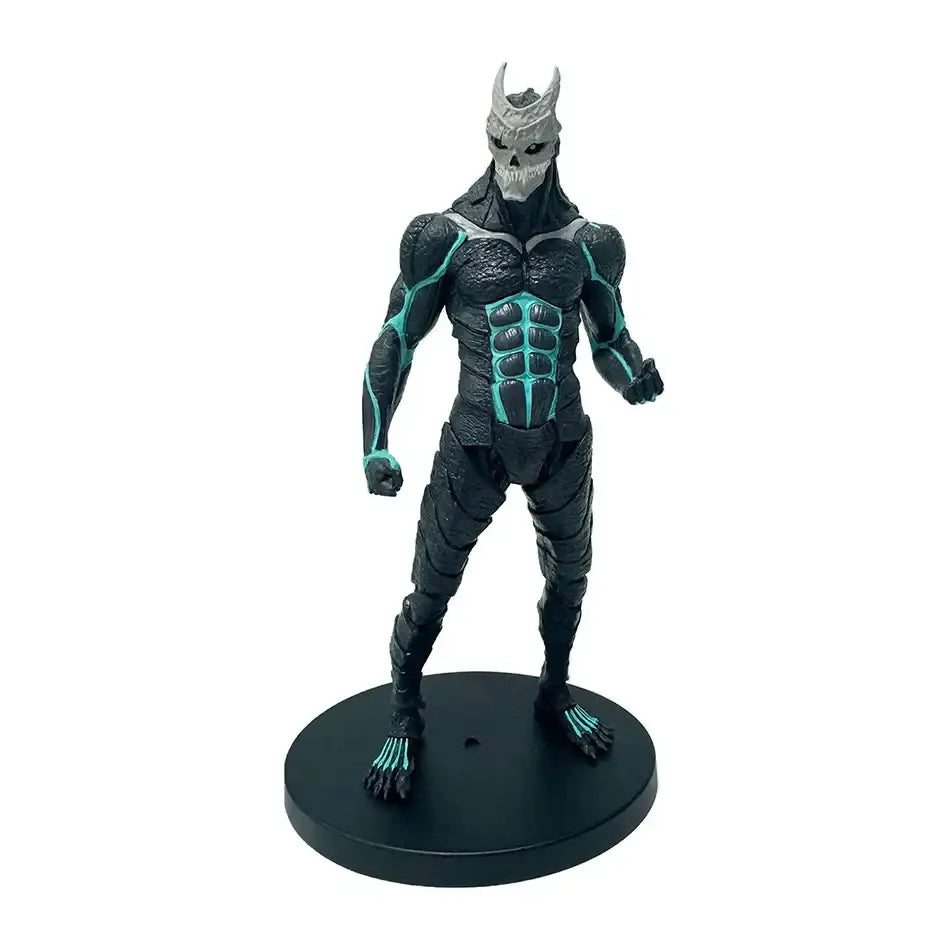 Black and teal armored kafka hibino monster pvc figure with skull mask standing on circular base in monster form