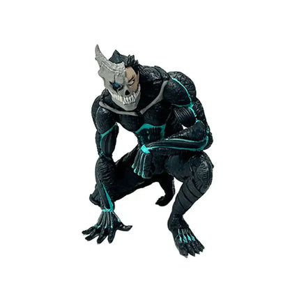 Black and teal armored pvc figure of kafka hibino monster form with skull mask crouching in dynamic pose 21cm tall