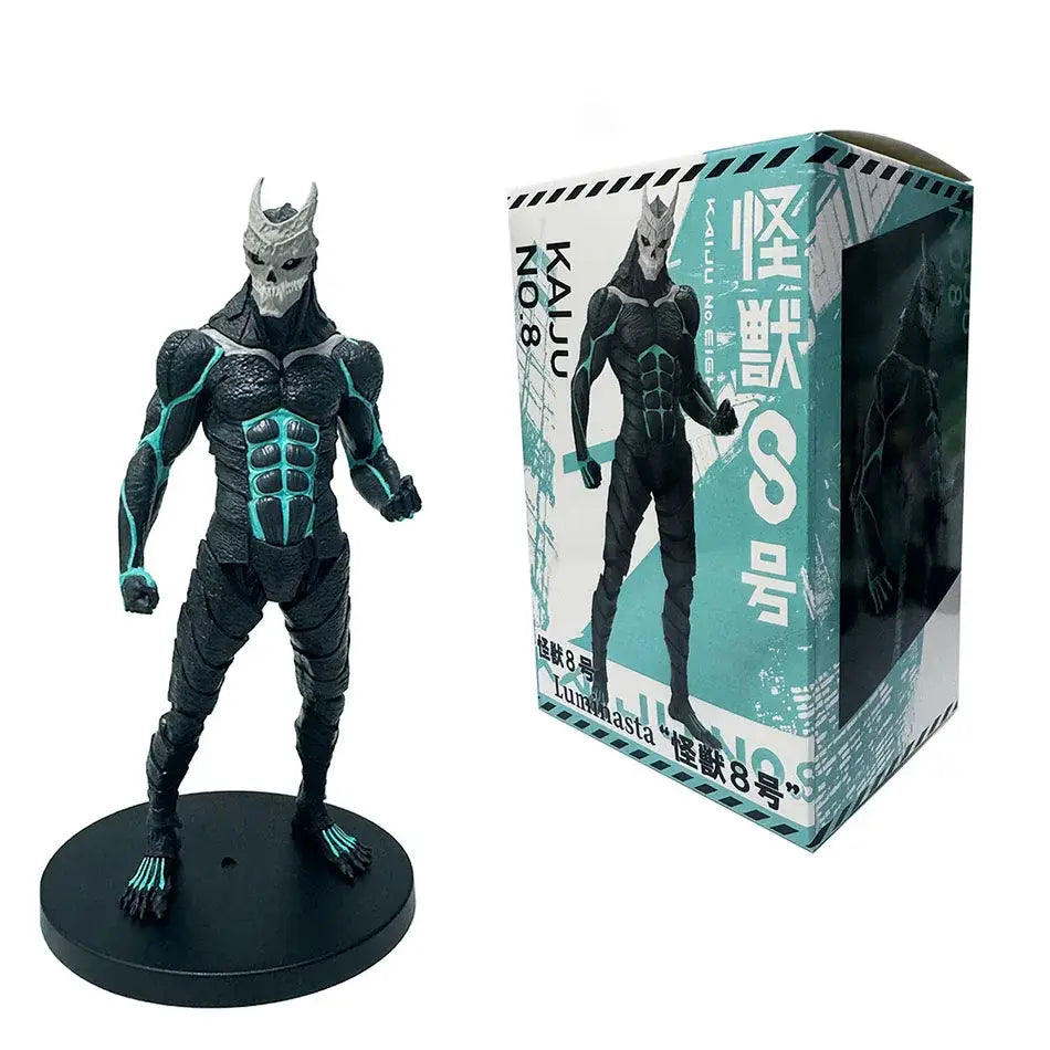 Black and teal kafka hibino monster form pvc figure with skull mask standing on circular base 21cm tall