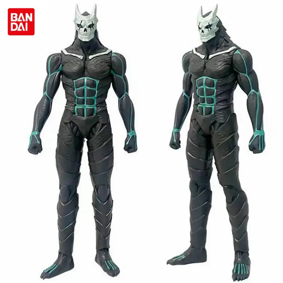 Kaiju no 8 kafka hibino pvc figure in black and teal armor with skull-faced helmet by bandai 26cm model
