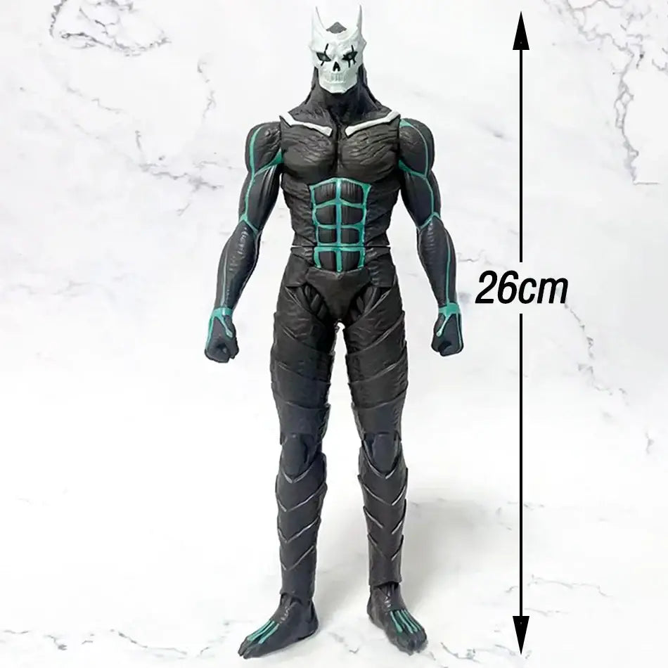 Kaiju no 8 kafka hibino pvc figure 26cm black and teal skeleton-themed action figure with white skull mask and pointed ears
