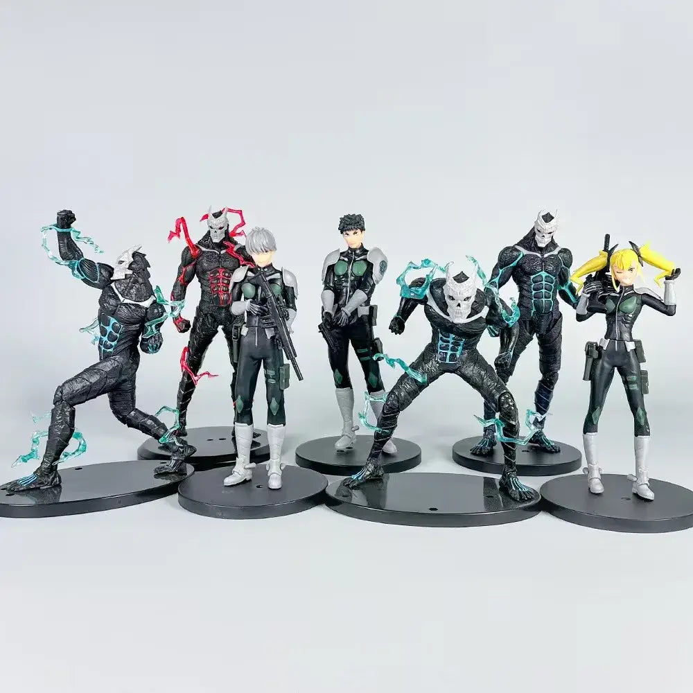 Black and teal kafka hibino pvc figure with glowing energy effects detailed sculpting and painted finishes desktop ornament