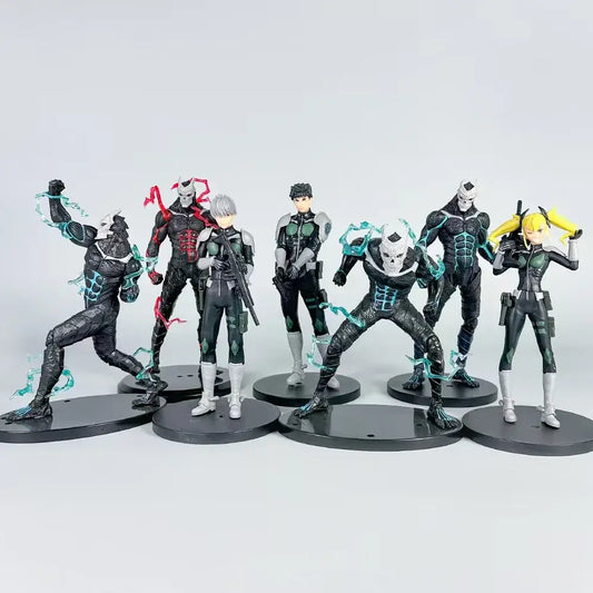 Black and teal kafka hibino pvc figure with glowing energy effects detailed sculpting and painted finishes desktop ornament