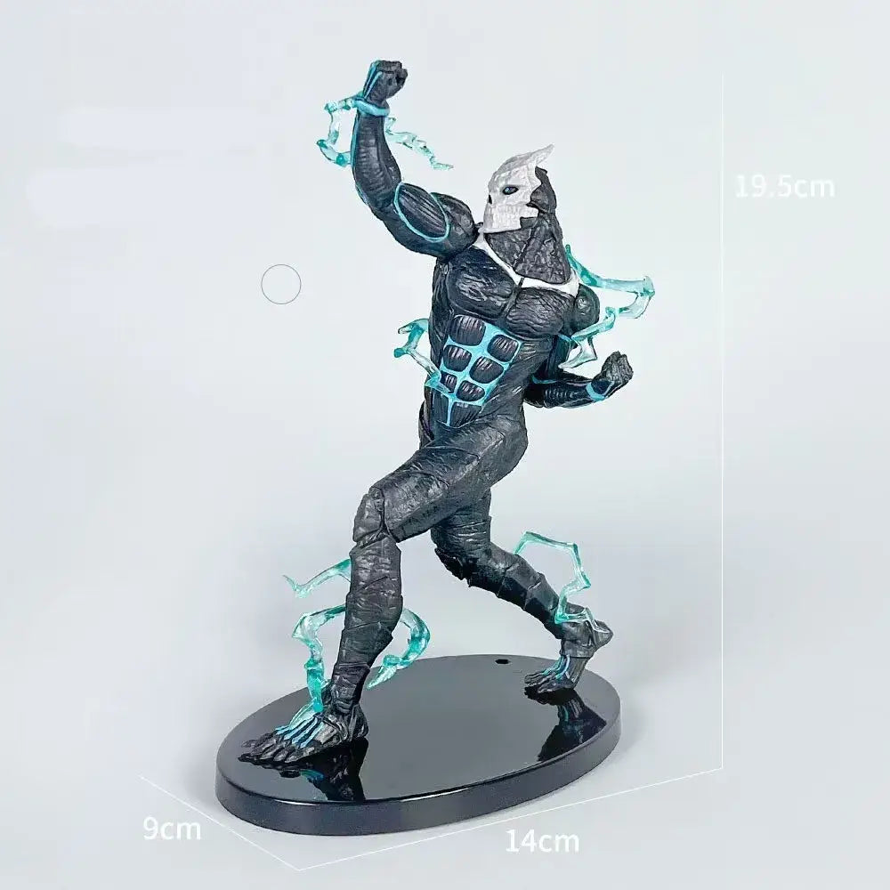 Black and teal kafka hibino pvc figure with glowing energy effects on black circular base desktop ornament