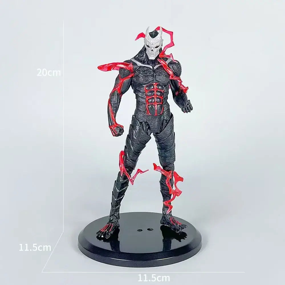 Black and red kaiju no 8 kafka hibino pvc figure with skull mask standing on black base pvc figure desktop ornament