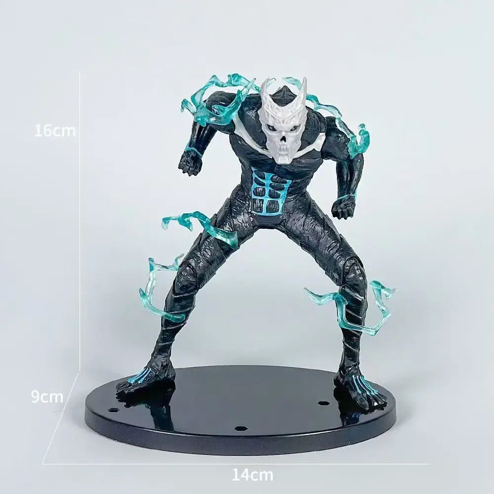Black and white kafka hibino pvc figure with translucent teal energy effects on black circular base for desktop display