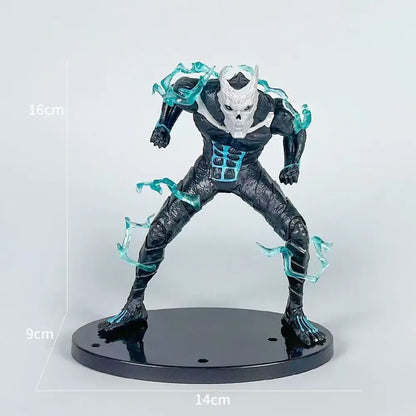 Black and white kafka hibino pvc figure with translucent teal energy effects on black circular base for desktop display