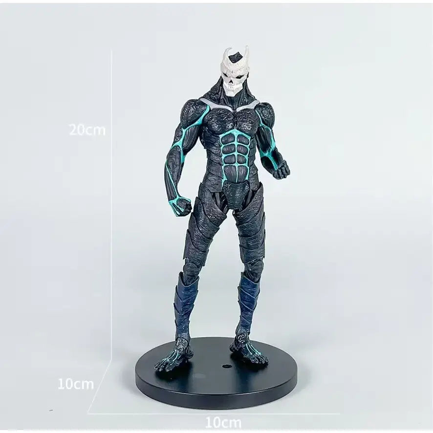 Kaiju no 8 kafka hibino pvc figure in black and teal armor with skull mask standing on a black circular base desktop ornament