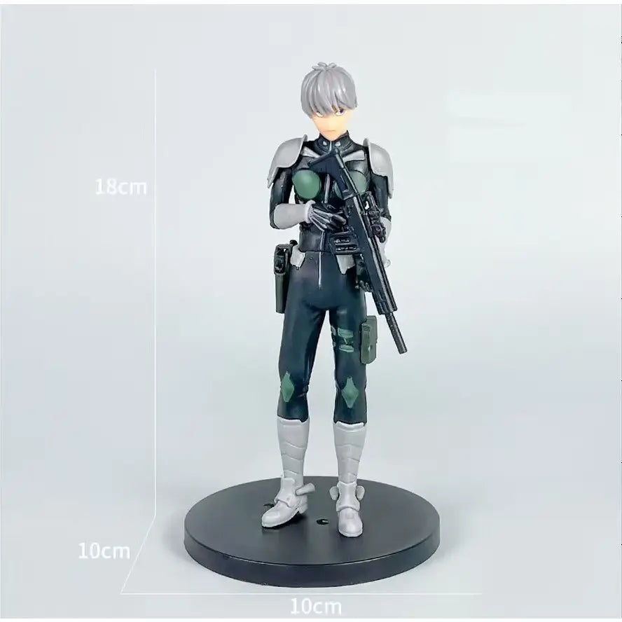 Kaiju no 8 kafka hibino pvc figure is an 18cm tall black and silver pvc figure desktop ornament holding a rifle on a base