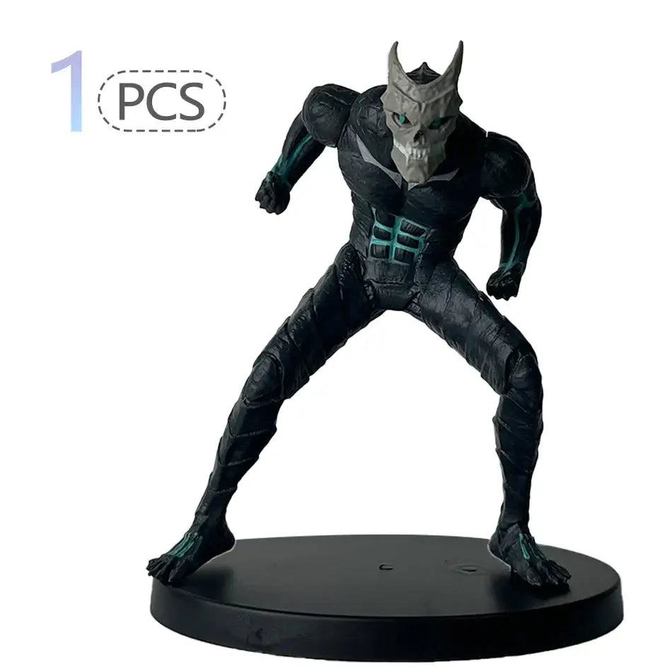 Black and teal kafka hibino pvc statue in monster form with skull mask standing on a circular base 21cm tall