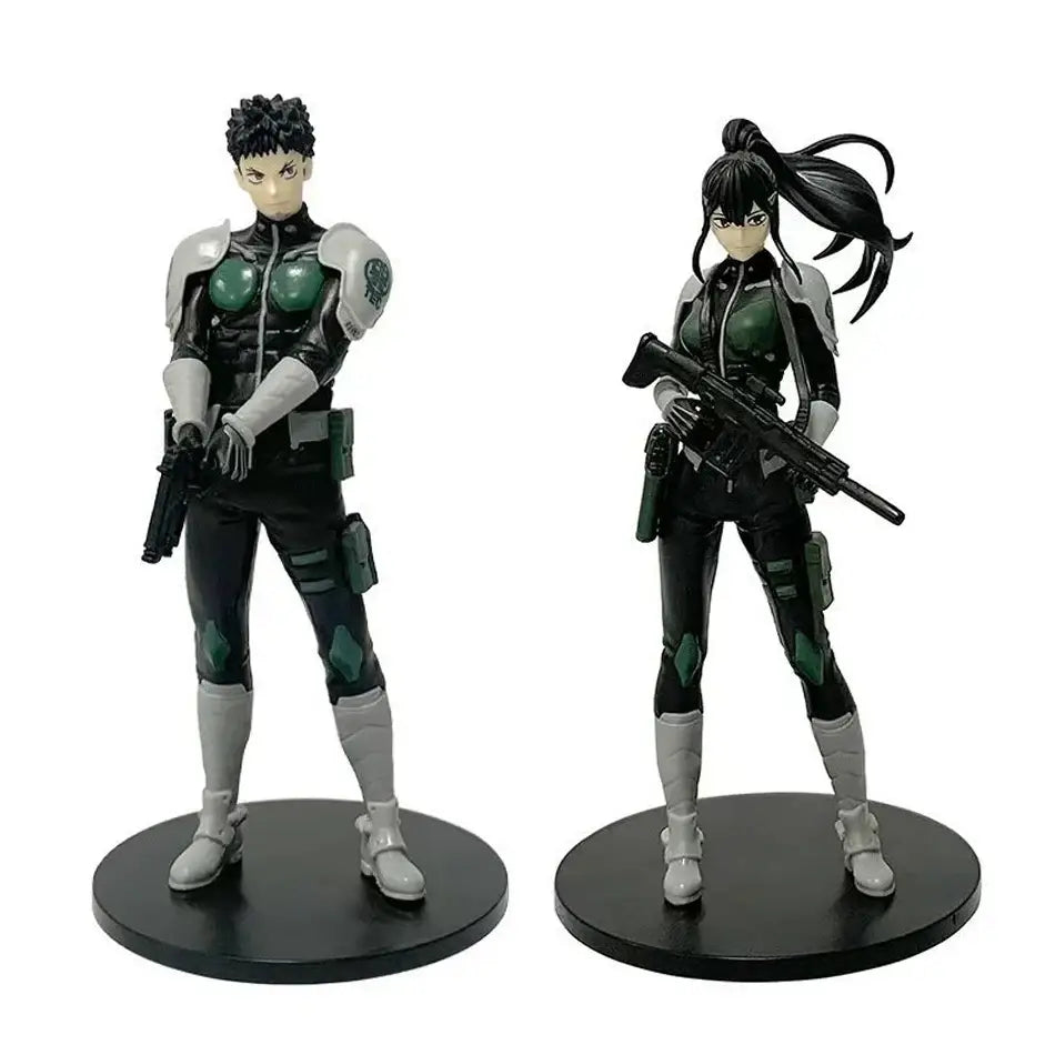 Black and green armored kaiju no 8 kafka hibino pvc statue monster form on circular bases 21cm tall