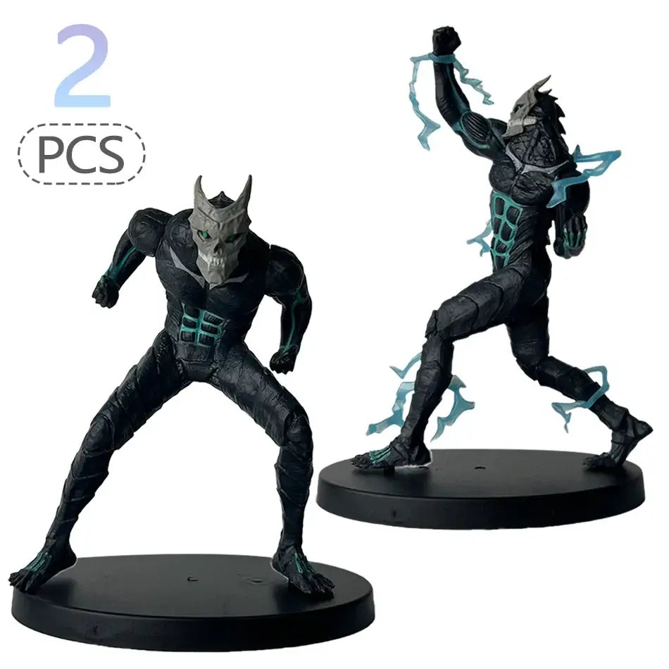 Two black and teal armored kafka hibino pvc statues in monster form with skull masks and electric blue energy effects