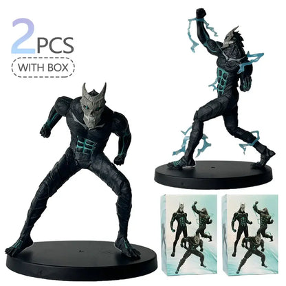 Black and teal kafka hibino pvc statue in monster form with skull mask posed dynamically on circular base