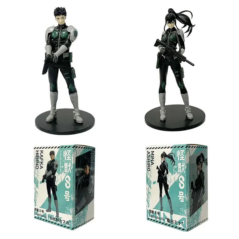 Black and green kaiju no 8 kafka hibino pvc statue in monster form with silver armor and detailed weaponry, 21cm tall