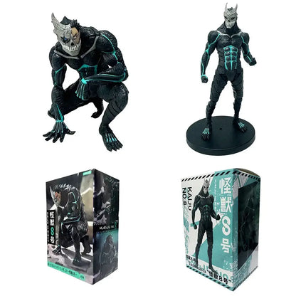 Black and teal kafka hibino pvc statue in monster form with detailed muscles skull mask and glowing cyan accents 21cm