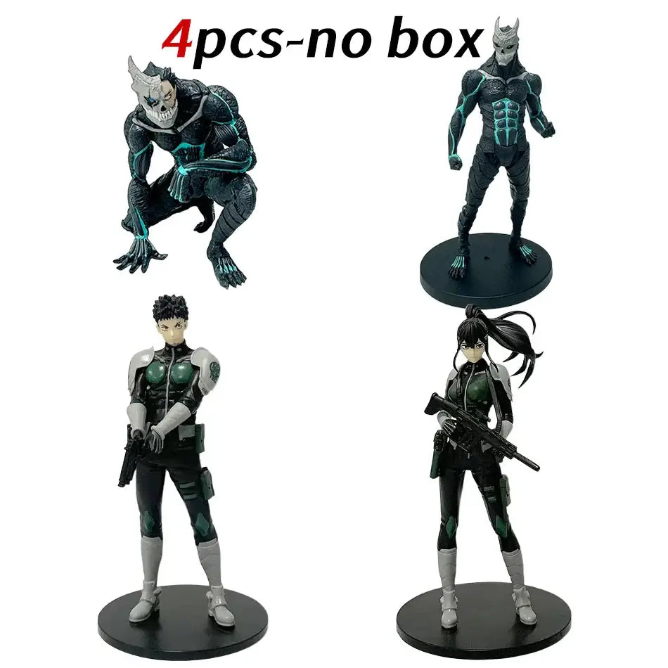 Four black and teal anime pvc statues of Kaiju No 8 Kafka Hibino monster form featuring detailed muscles and skull mask