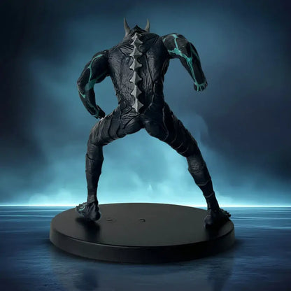 Black armored kafka hibino pvc statue in monster form with glowing teal energy lines and spiked back on circular base