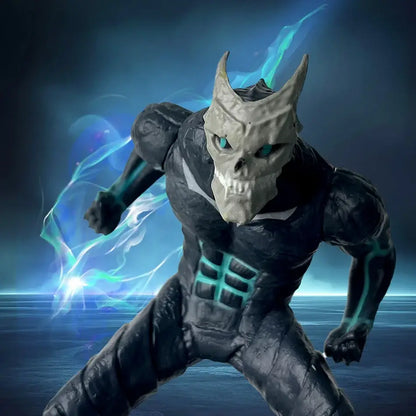 Black and gray armored kafka hibino pvc statue with skull mask and neon blue energy effects in monster form 21cm tall