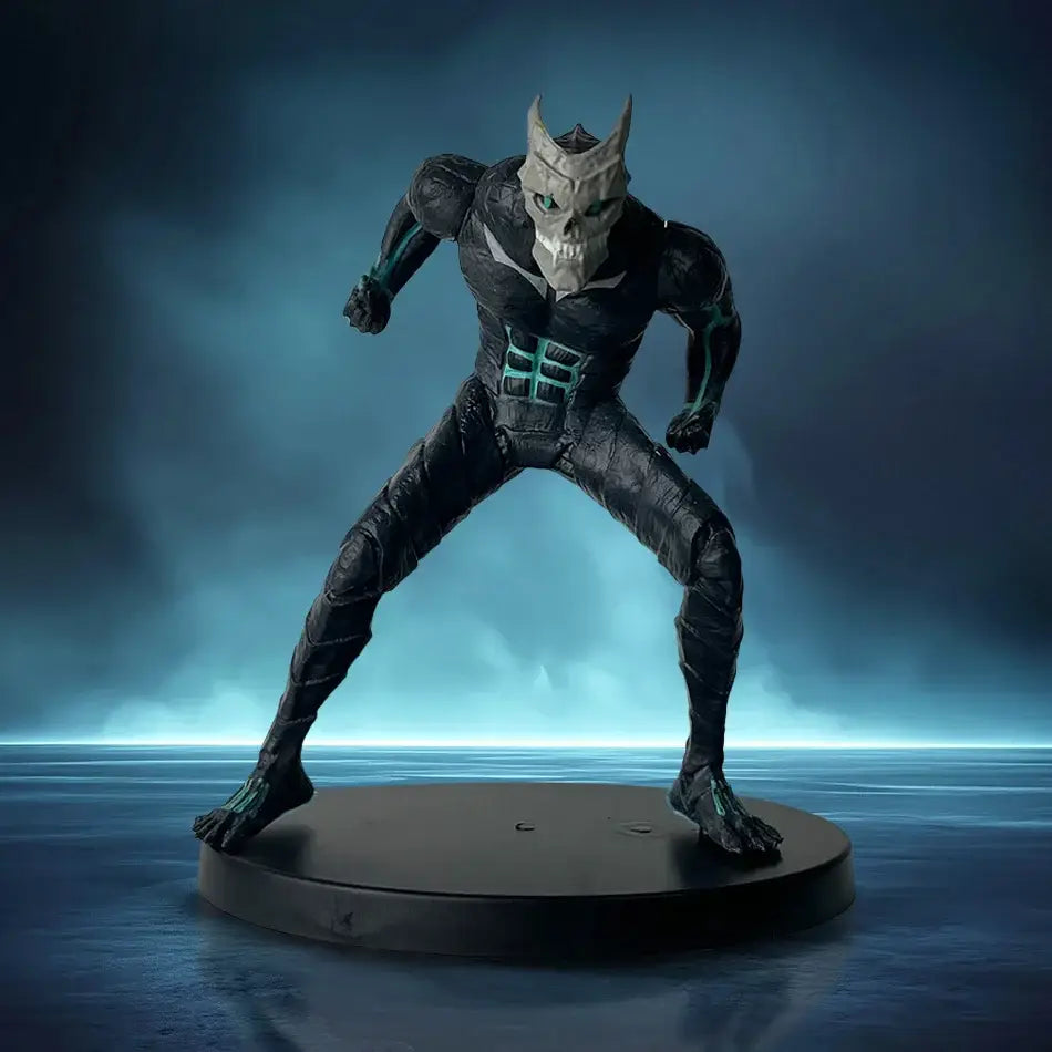 Black and silver kafka hibino pvc statue in monster form with glowing teal accents standing on a circular base