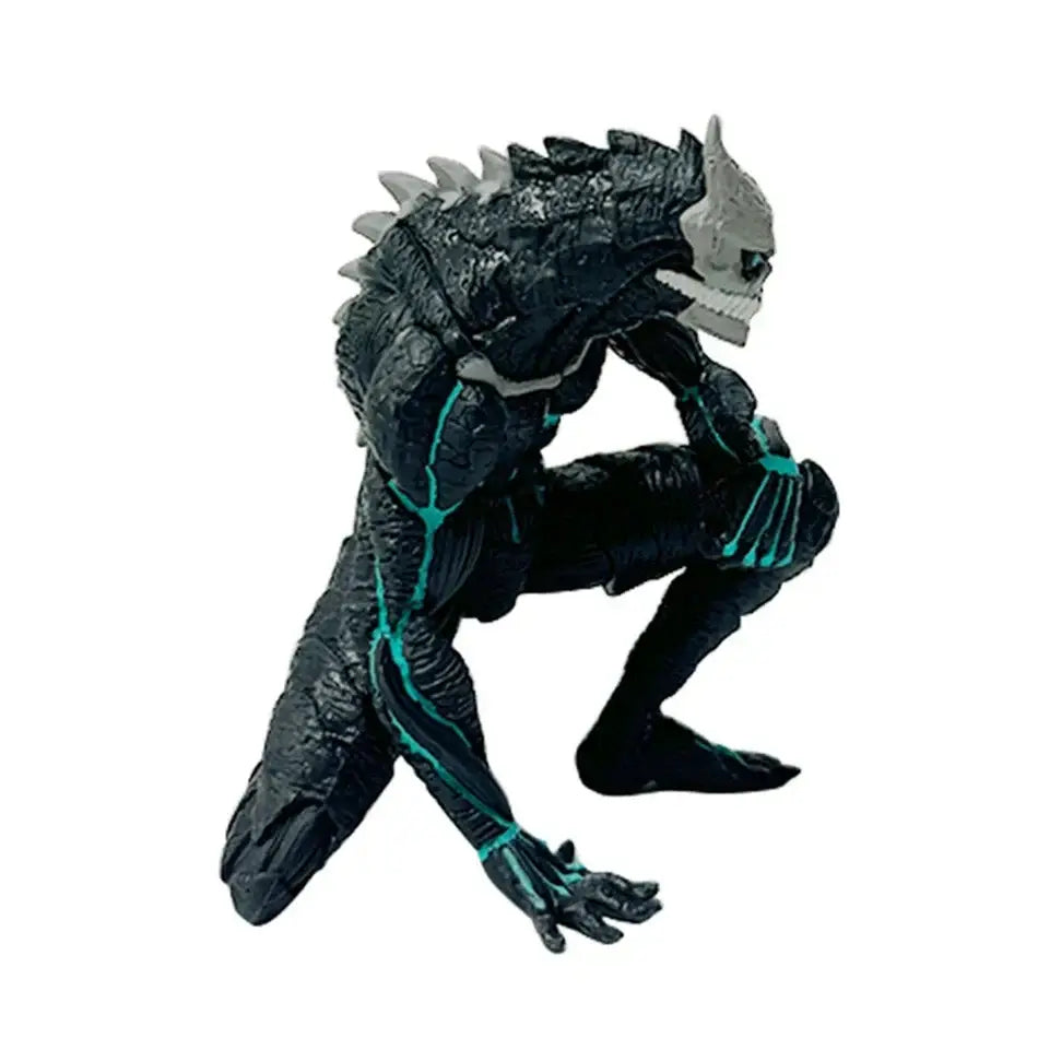 Black and teal armored kaiju no 8 kafka hibino pvc statue in monster form with spiked back and glowing cyan energy lines