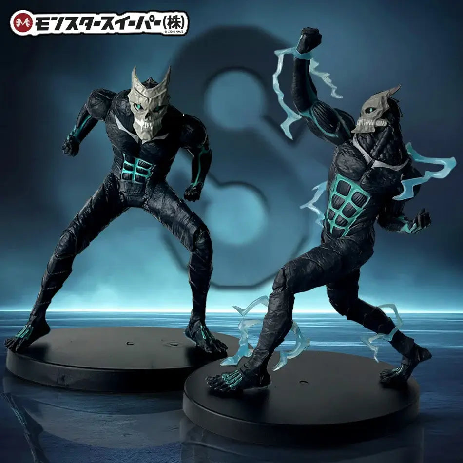 Black and teal armored kafka hibino pvc action figures with skull masks posed dynamically in monster form on circular bases