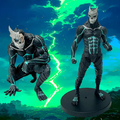 Black and teal armored pvc statue featuring kafka hibino in monster form with skull masks on a circular base