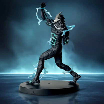 Black and teal kafka hibino pvc statue in monster form with glowing electric effects standing on a circular base