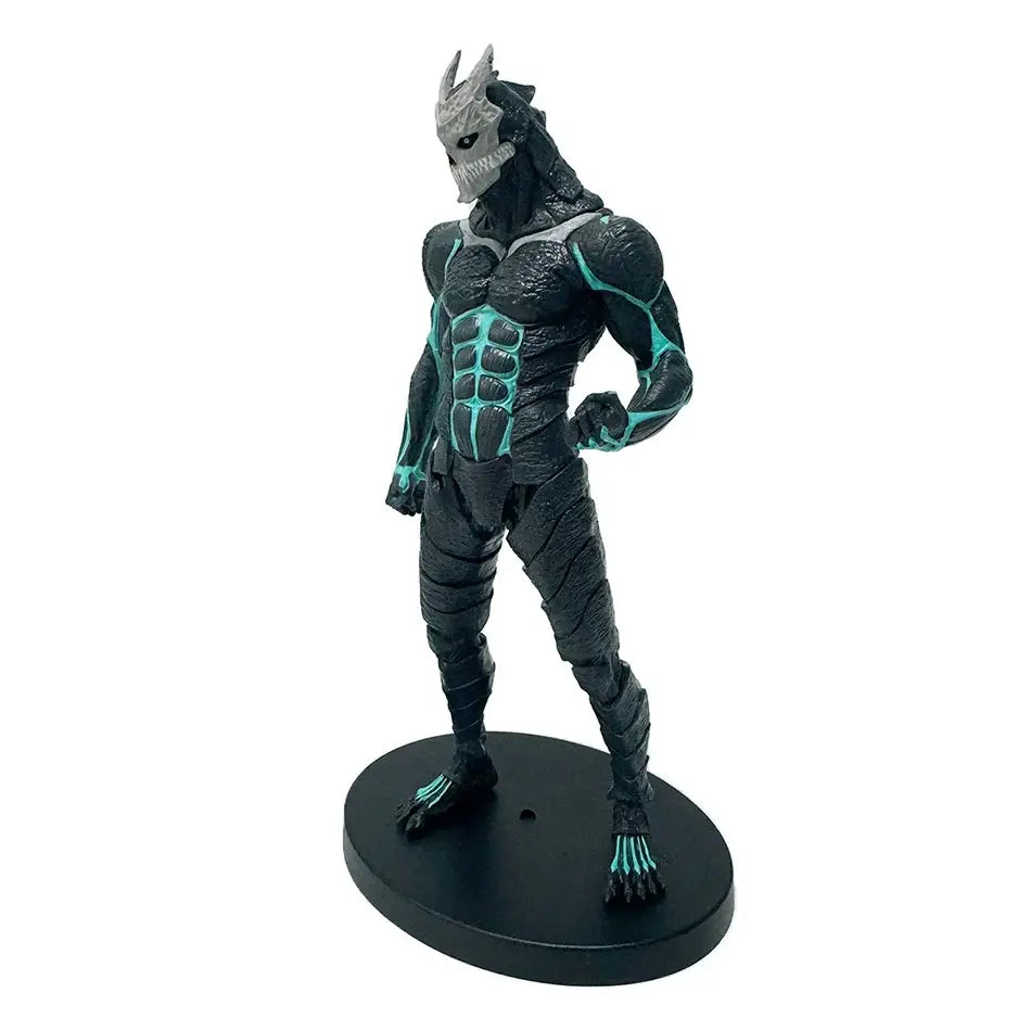 Black and teal kaiju no 8 kafka hibino pvc statue in monster form standing on a circular black base